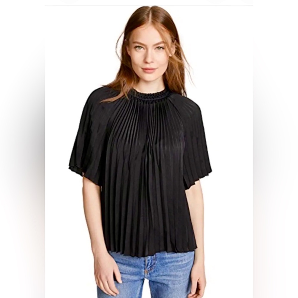 Vince Black Pleated Short-Sleeve Blouse